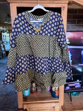 EARTHBOUND Navy and Yellow Printed Tiered Peasant Top